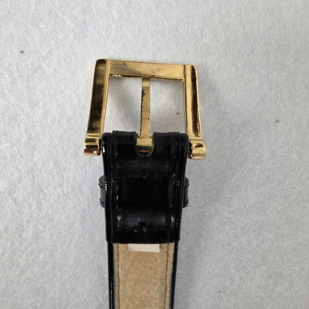 Black Bonded Leather Belt Gold Buckle Medium Classic Minimalist Mens